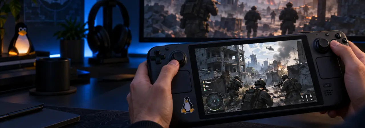 Hands holding a Steam Deck with a Linux penguin sticker, a military shooter on its screen and on a monitor behind it, in a dim room lit by blue light and a penguin-shaped lamp.