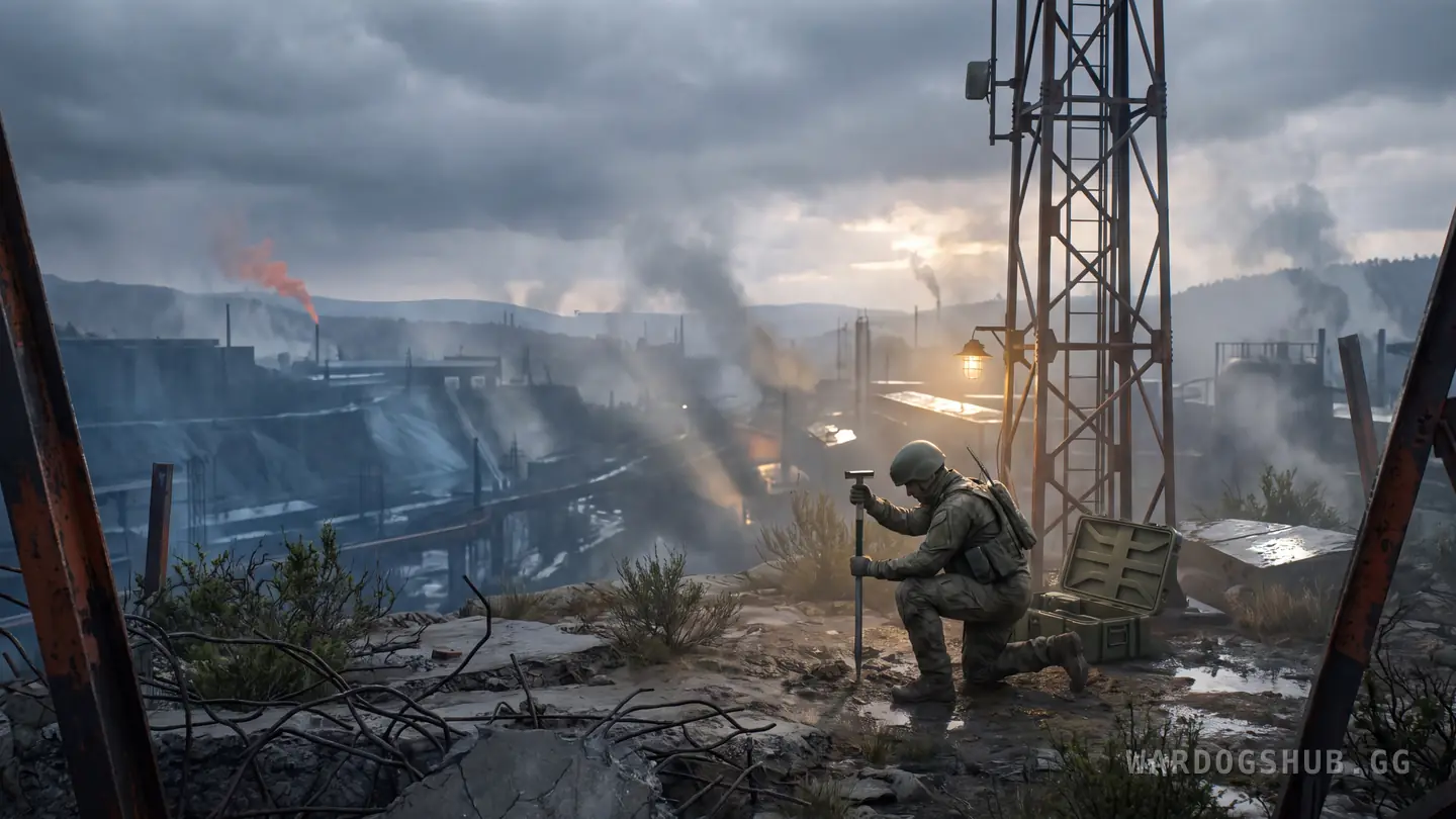 A soldier kneeling on a ridge beside a steel radio tower, pushing a marker stake into the ground and looking down an open valley toward smoke on the horizon.