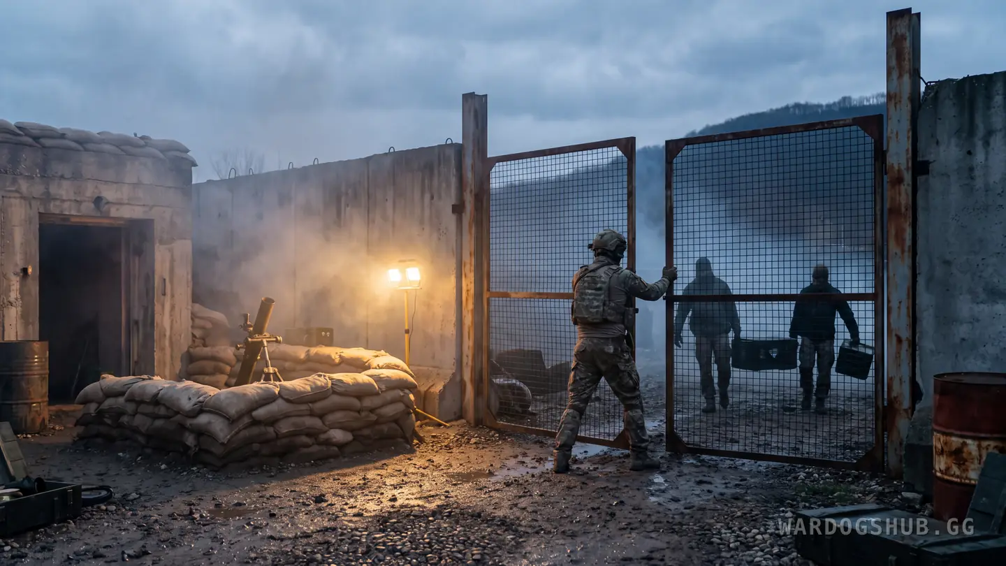 Inside a walled forward base at dusk, a soldier hauling a mesh gate shut as two teammates carry crates in, a sandbagged mortar pit and a concrete bunker lit by a single work lamp.