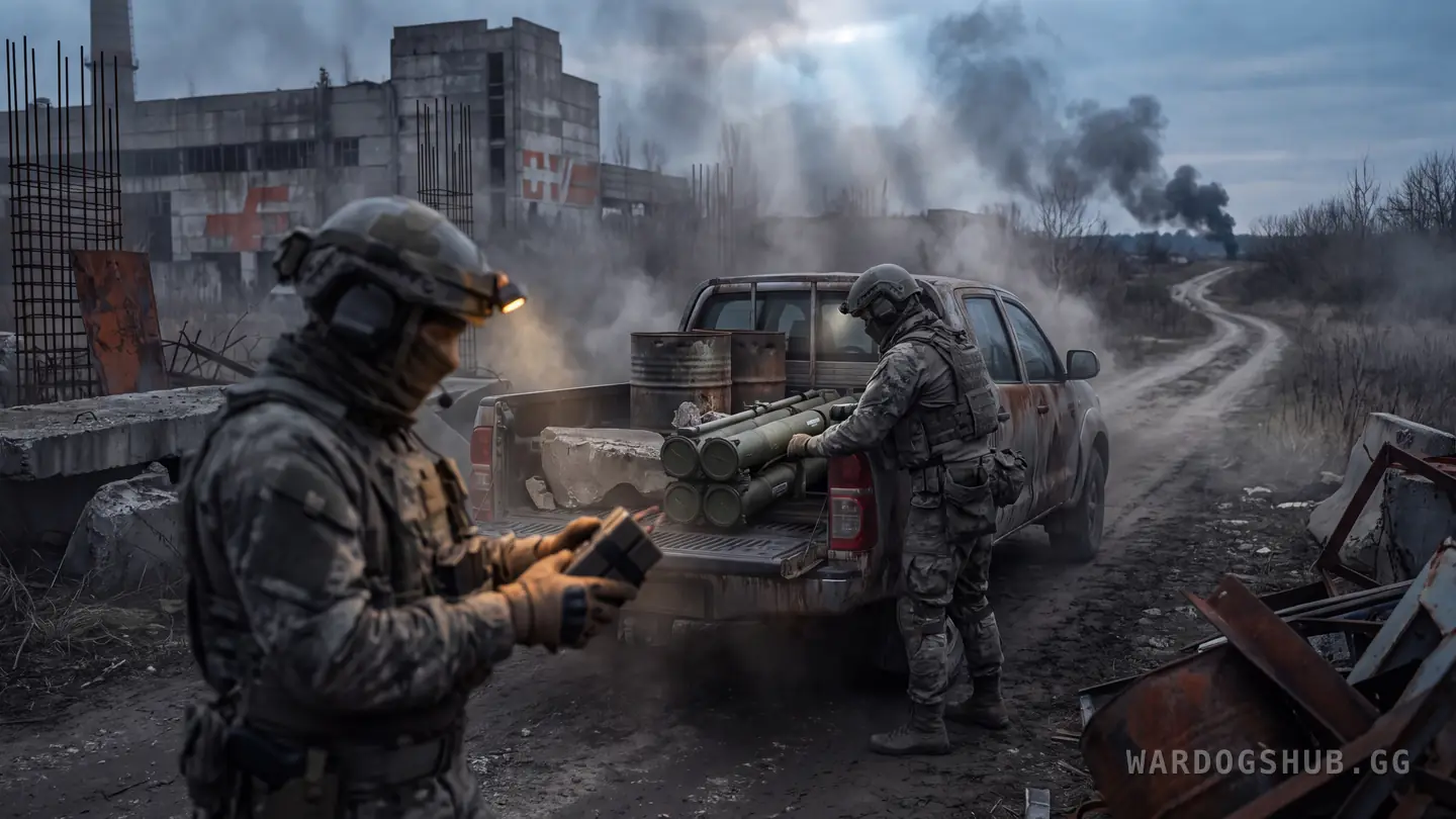Two players loading a battered pickup at dusk with launcher tubes stacked in the bed, a dirt road running off toward distant smoke.