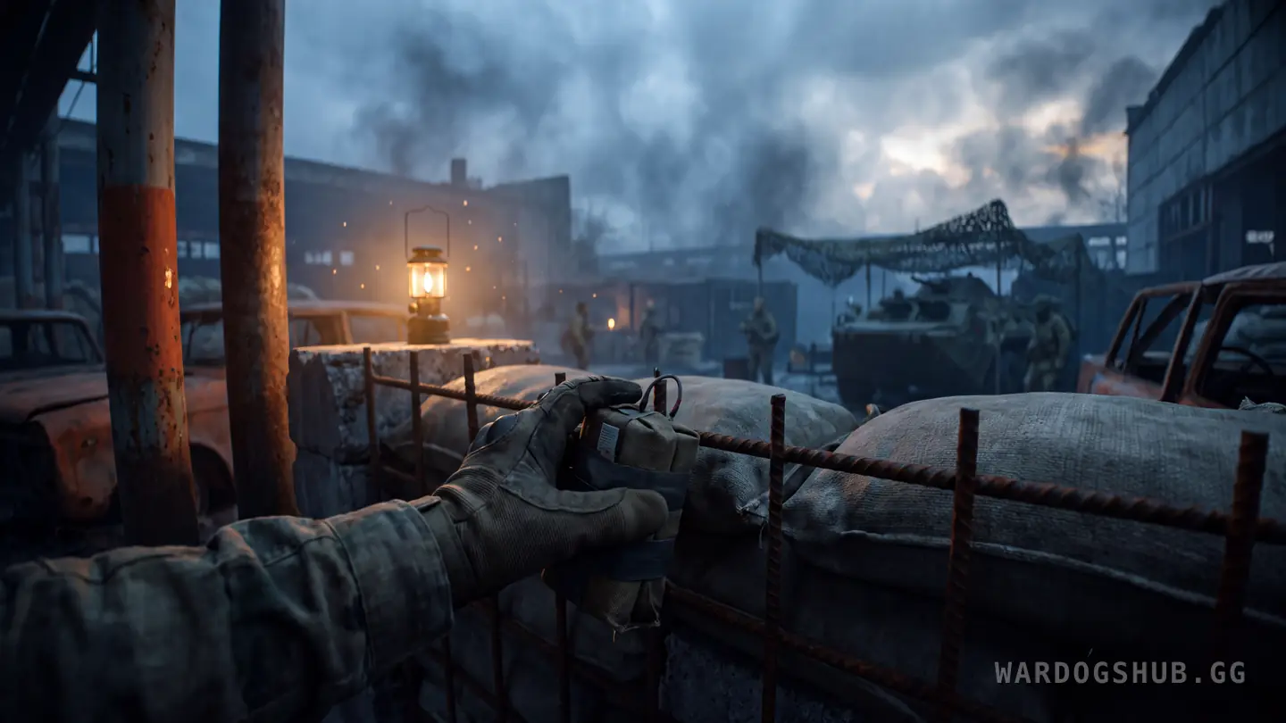A gloved hand pressing a small explosive charge against the sandbag wall of a forward base at dusk, with soldiers and an armoured vehicle going about their business inside, unaware.