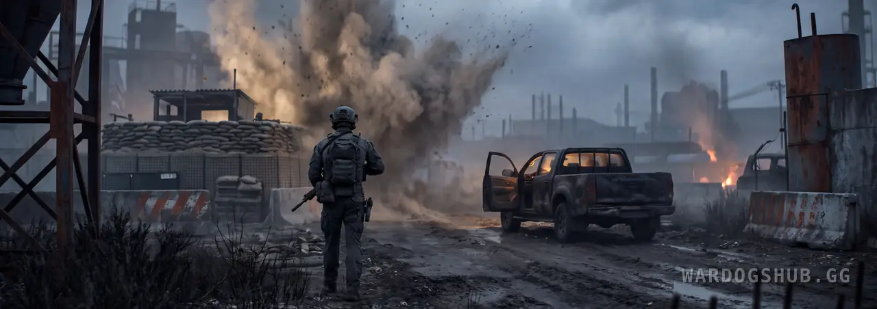 A lone soldier walking away from a sandbagged forward base in the middle distance as it erupts in a dust cloud behind them, a pickup truck waiting on the track ahead.