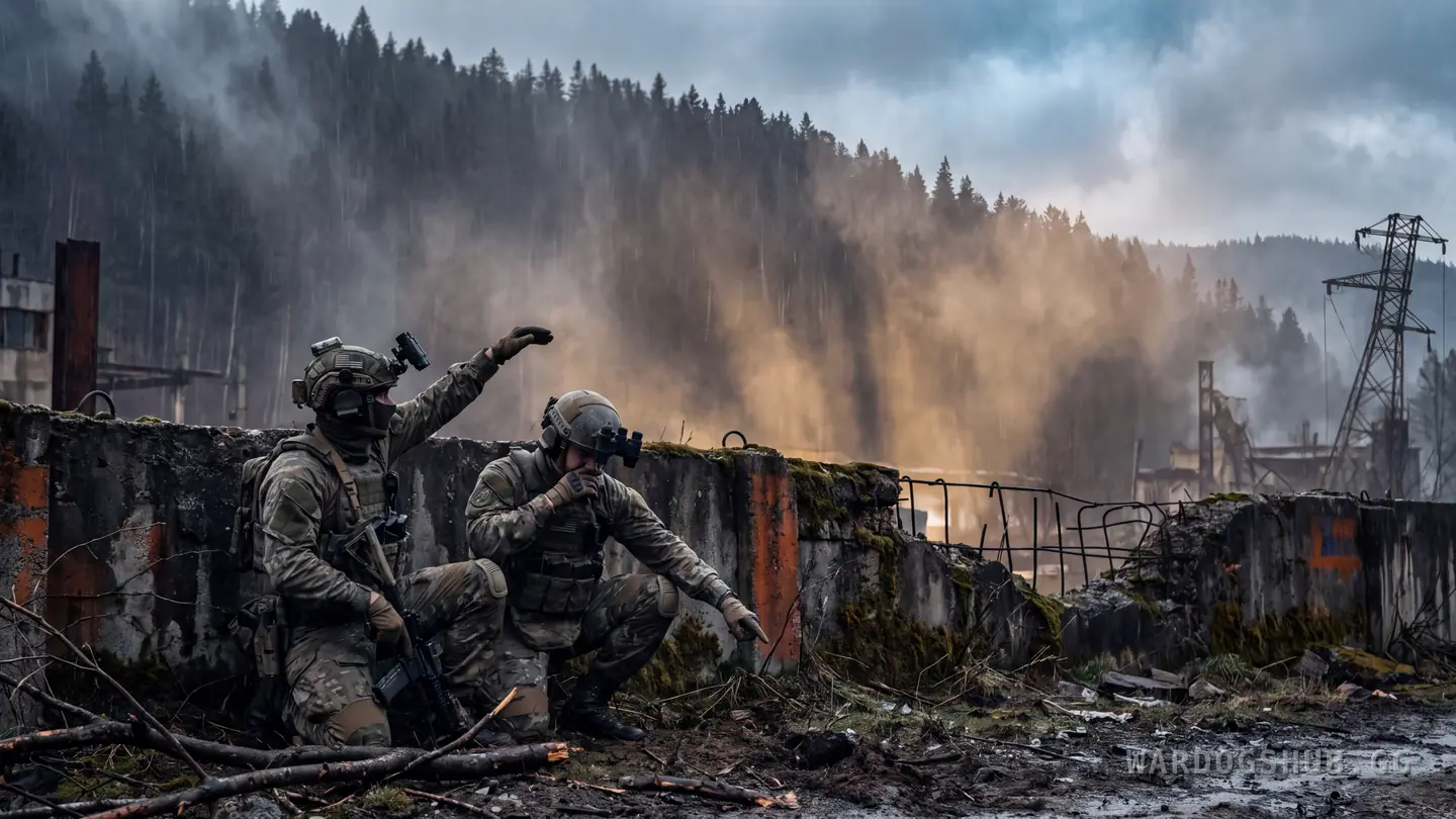Two soldiers crouched behind a low concrete revetment in a ruined industrial yard. One raises a flat hand to trace a high curve through the air while the other points along the wall, with a forested ridge and a rising dust plume behind them.