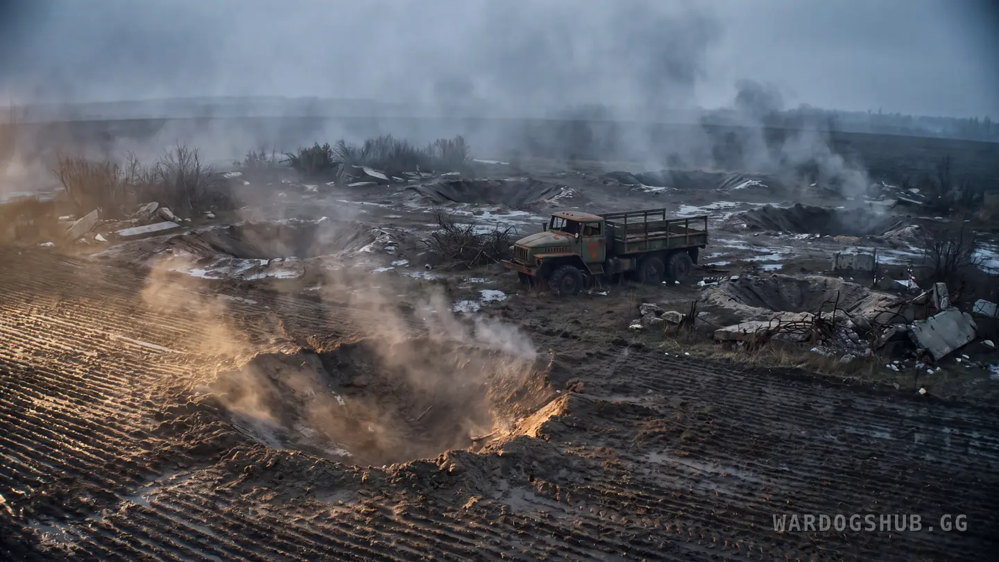 A crater field across ploughed farmland at dusk, a dozen fresh impacts scattered loosely over open ground rather than grouped on one point, with an intact truck standing undamaged between them.