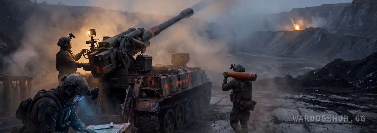 A crew working a self-propelled gun on a valley floor at dusk, one soldier at the barrel controls and another kneeling over a map board with a compass, the far ridge lit by a single impact.