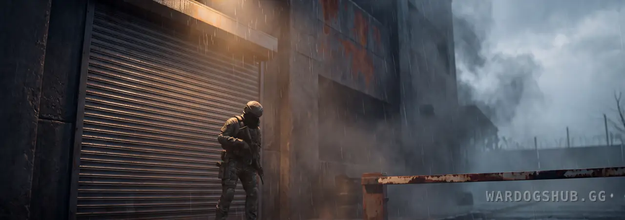 A lone WARDOG waits in heavy rain beside a closed roller shutter under a single floodlight, with the checkpoint barrier still down.
