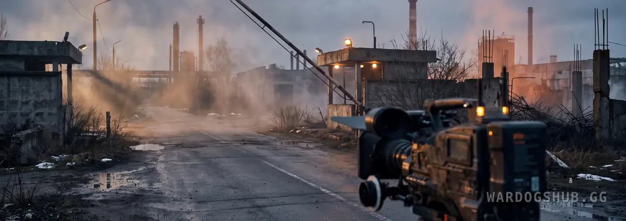 A camera on a tripod films an open road past a raised checkpoint barrier at dawn, with nobody in shot.