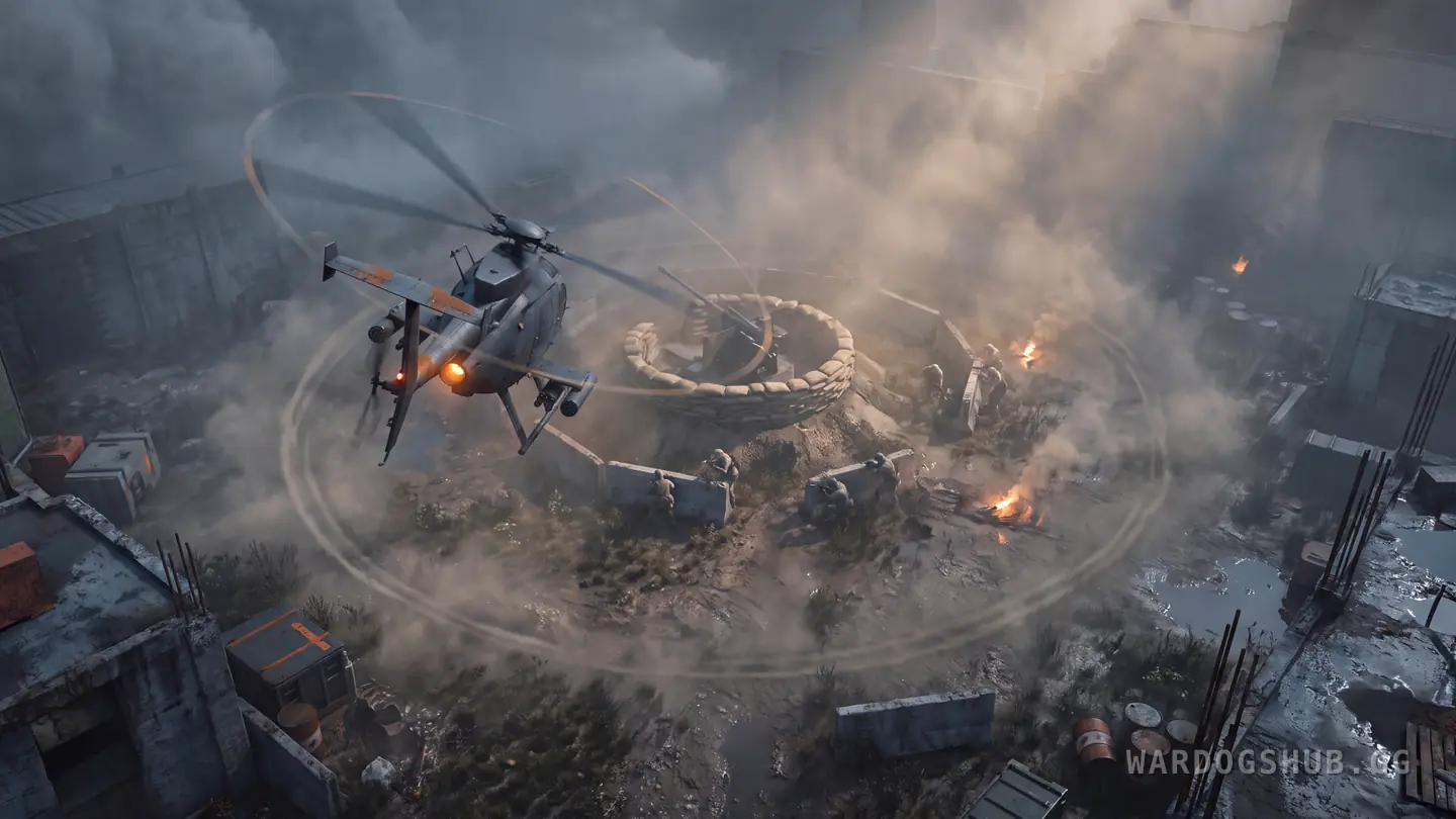 A light attack helicopter seen from high above, orbiting a sandbagged gun emplacement among ruined buildings, a circular trail marked in the dust around it and soldiers crouched behind concrete barriers.