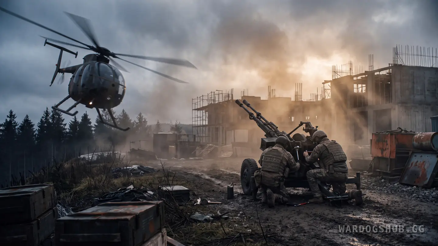 A light attack helicopter swooping out from behind a line of pine trees towards a half-built base, where two soldiers kneel with their backs to it, working on a twin-barrelled anti-air gun beside bare concrete, scaffolding and stacked crates.
