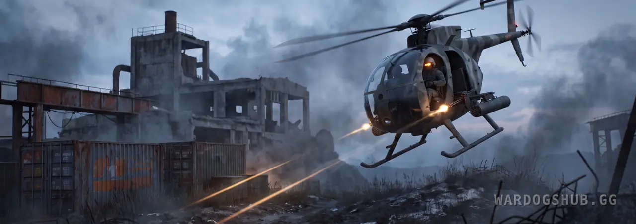 A small camouflaged two-seat helicopter banking past a ruined concrete industrial building at dusk, a helmeted crewman in the open side door and tracer fire streaking from its guns into the muddy ground beside rusted shipping containers.