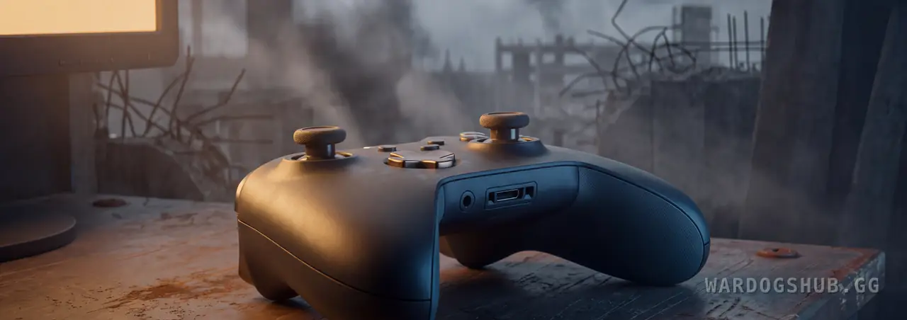A gamepad resting on a weathered workbench under monitor glow, its thumbsticks catching the light, a smoke-hazed ruined skyline behind it.
