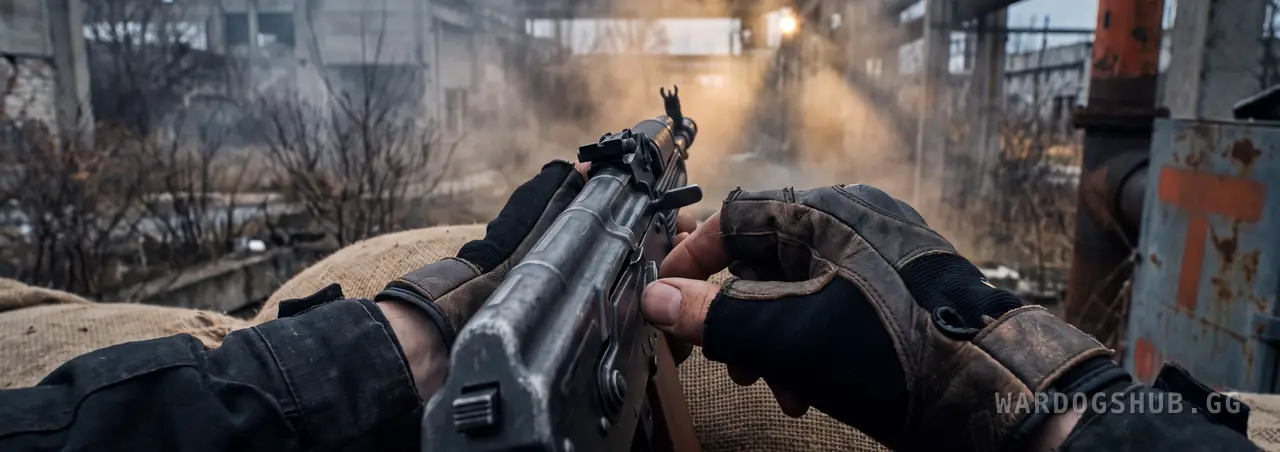 A first-person view of two gloved hands holding a rifle braced over a sandbag, a hazy industrial yard beyond.