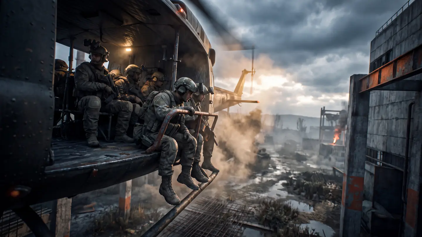 Soldiers sitting along the open side bench of a transport helicopter, boots hanging over the edge, flying above a burning industrial landscape.