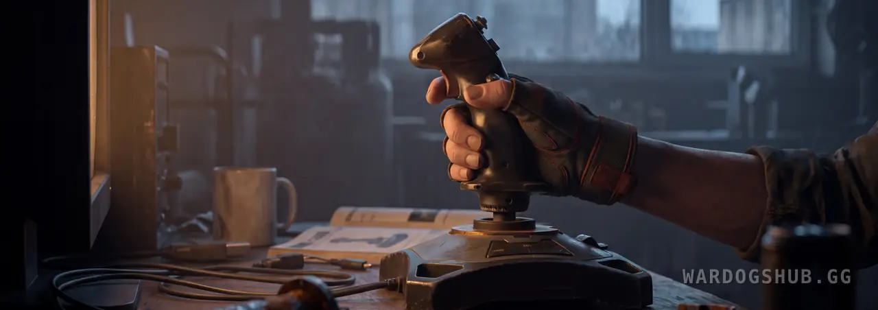 A gloved hand closed around the grip of a flight stick standing on a cluttered workbench, its cable loose beside the base, a monitor glowing at the edge of frame.