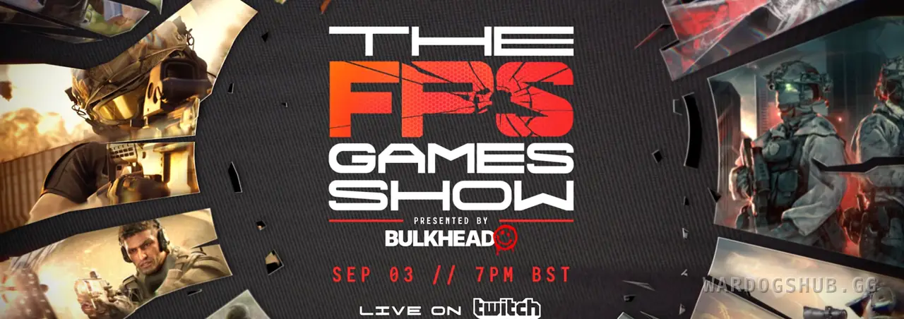 The FPS Games Show key art: a shattered collage of first-person shooter scenes ringing the show logo, with the date 3 September, 7pm BST, and the Twitch channel.