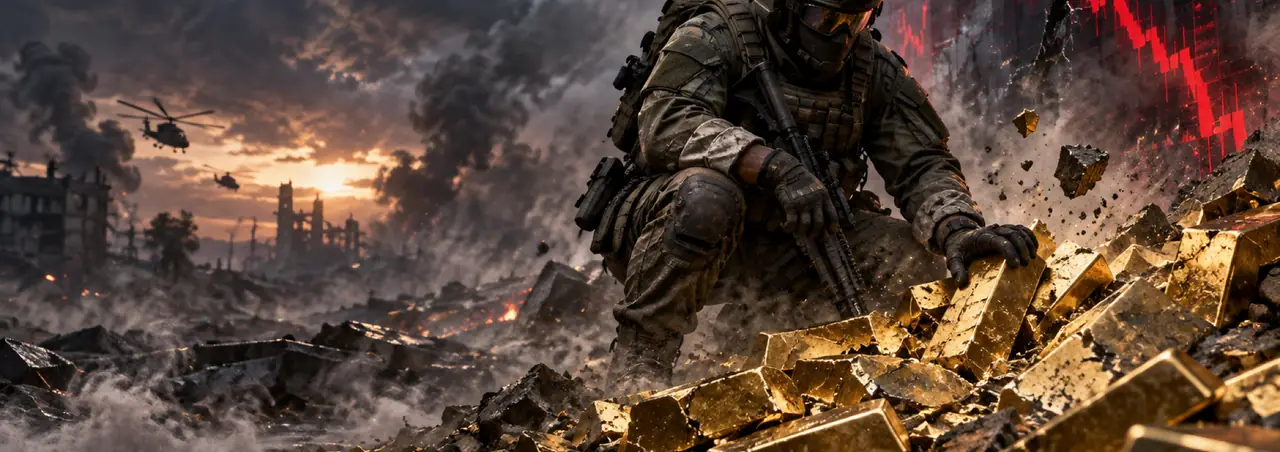 A soldier in full kit kneels on a battlefield at dusk with a hand on a heap of cracked gold bars, while a red line plunges down a shattered wall behind them and helicopters cross a burning skyline.
