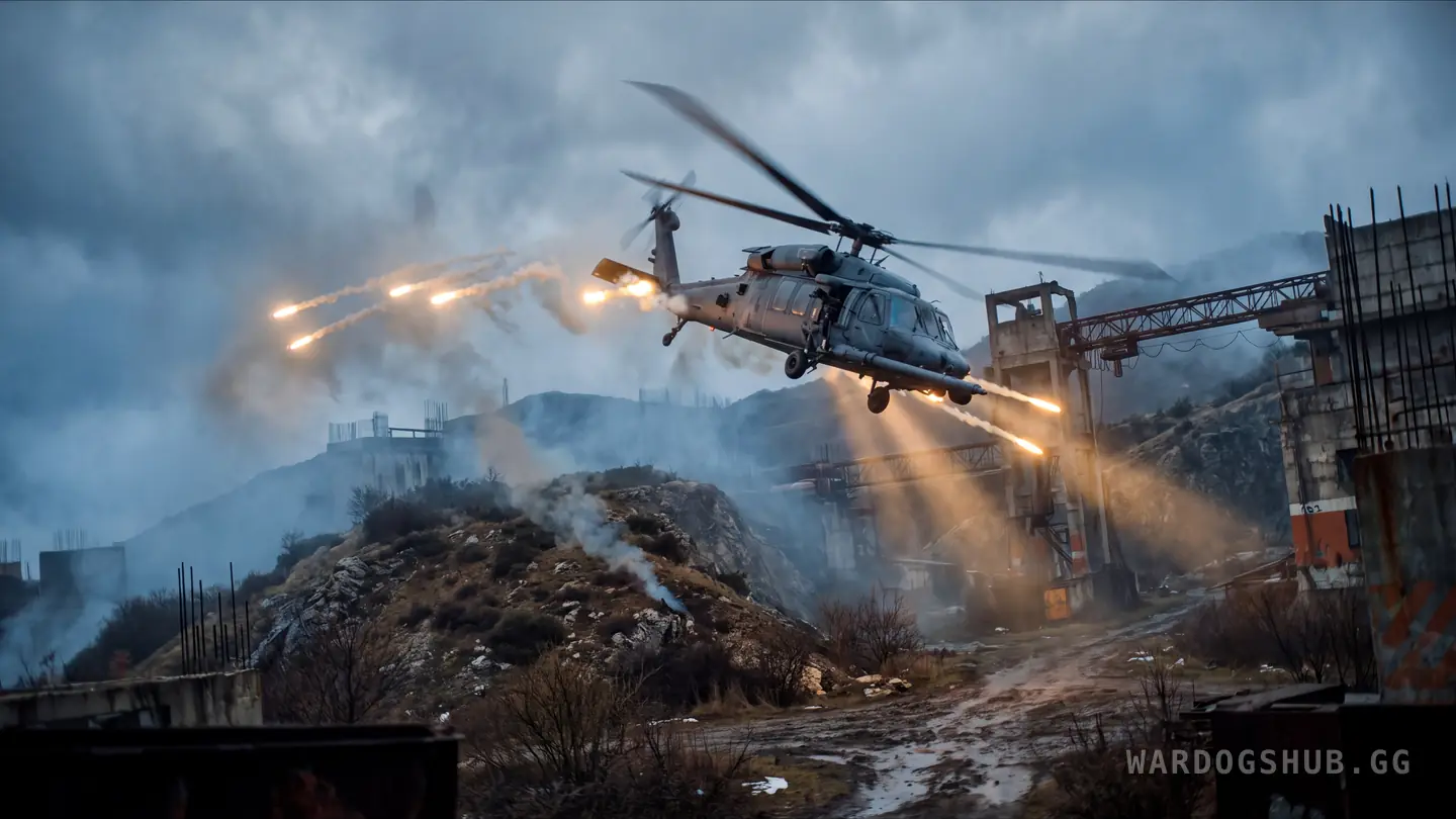 A helicopter banking hard between two ridgelines with flares blooming behind it, a thin smoke trail rising from the hill below.
