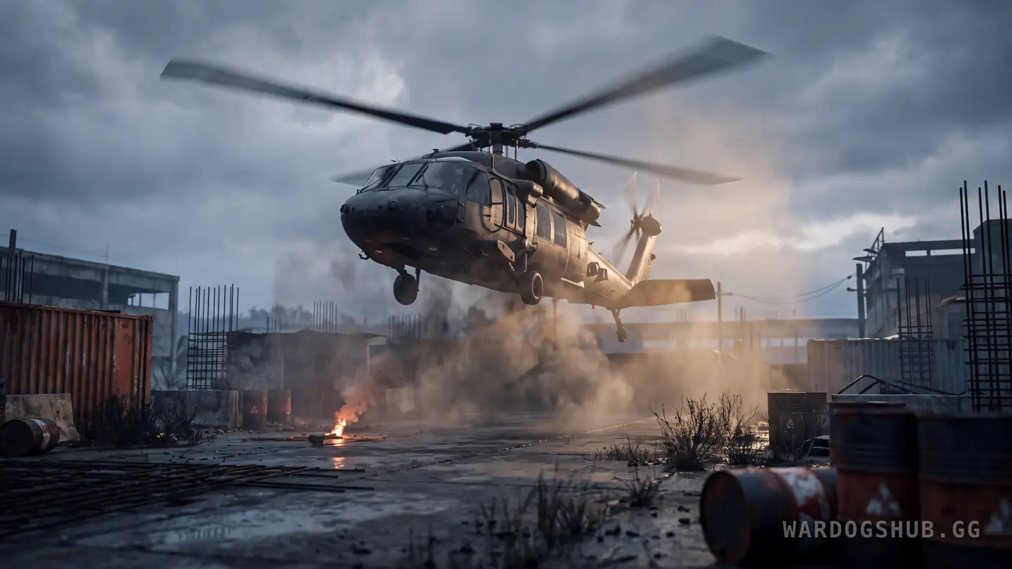 A helicopter hovering a metre off the ground in an open yard at dawn, dust ringing out beneath it, the nose not quite level.