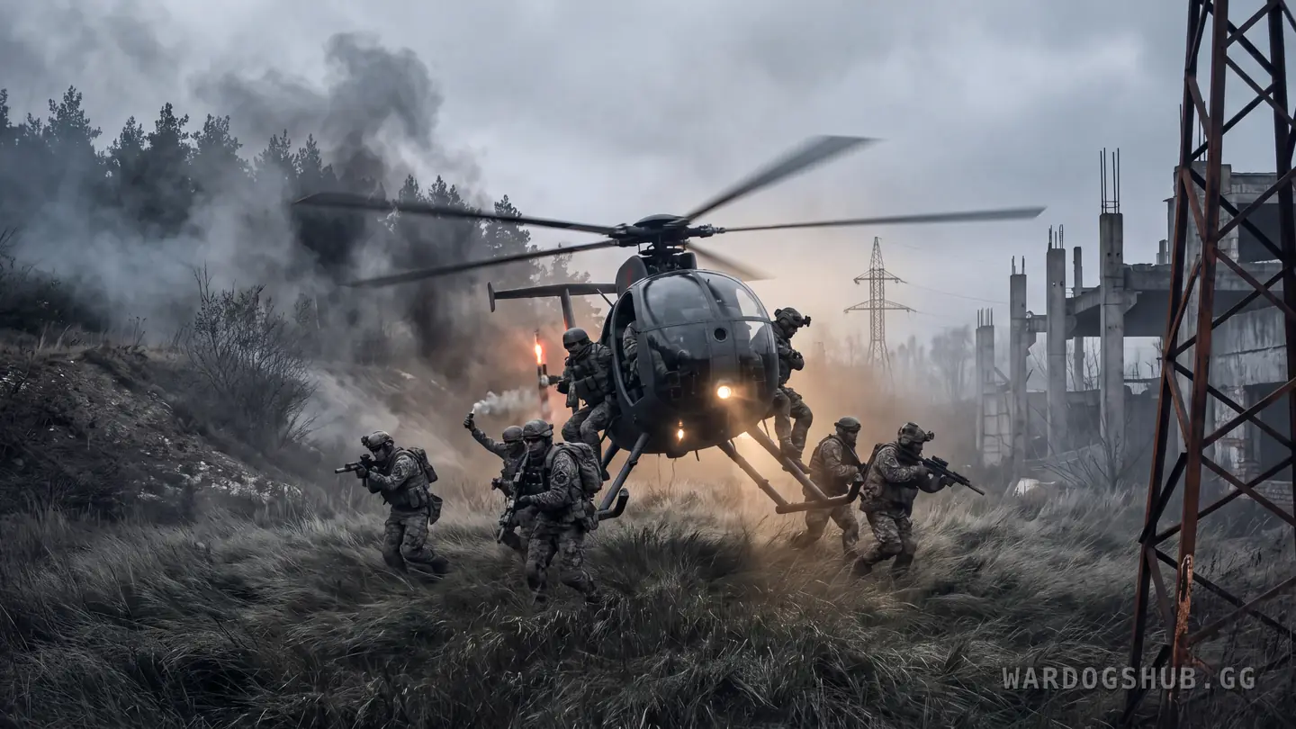A small transport helicopter flared on a hillside, six soldiers spilling out of both doors into long grass, the treeline beyond thick with smoke.