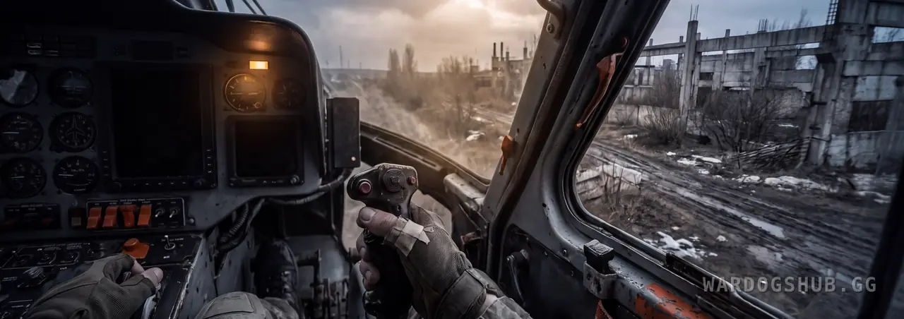 Over a pilot's shoulder in a battered helicopter cockpit at dusk: one gloved hand on the cyclic between the knees, the other on a lever at the left hip, instrument dials to the left and a grey industrial valley through the open doorway.