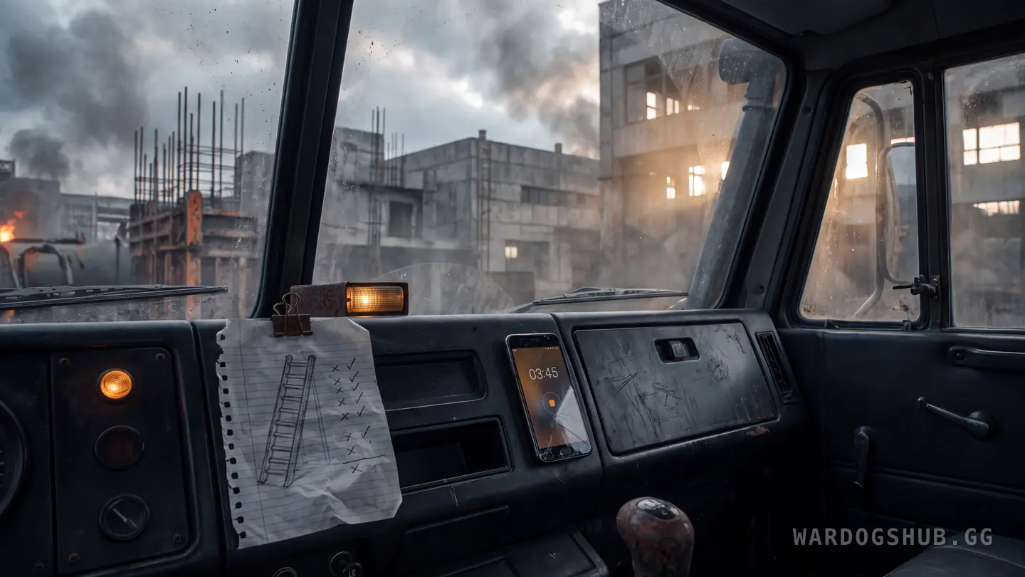 A notebook page pinned inside a truck cab with a hand-drawn ladder of unlocks ticked off.
