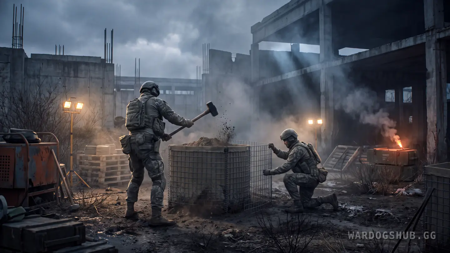 A player swinging a hammer at a half-built Hesco wall beside a forward operating base at dusk.