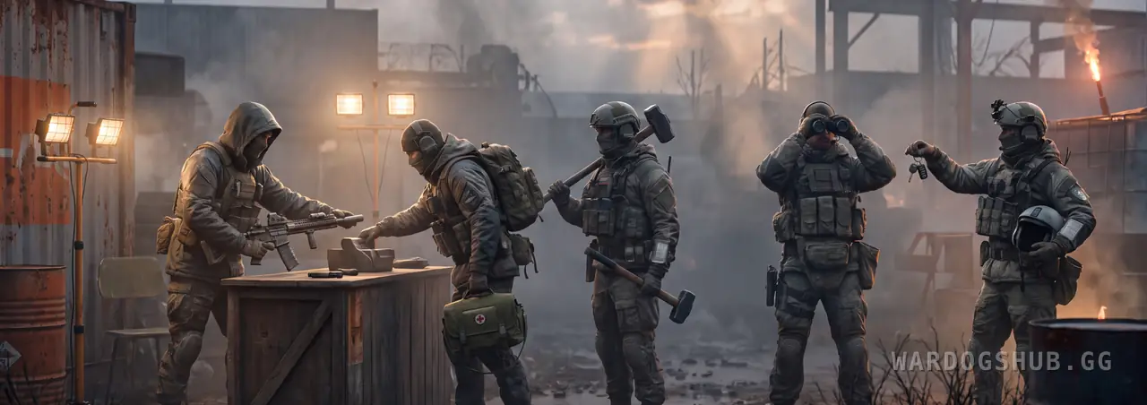 Five soldiers at a makeshift vendor counter in a foggy industrial yard at dusk: one checking a rifle on the crate, one setting down a medical bag, one with a sledgehammer over his shoulder, one looking through binoculars, one holding out vehicle keys with a flight helmet under his arm.