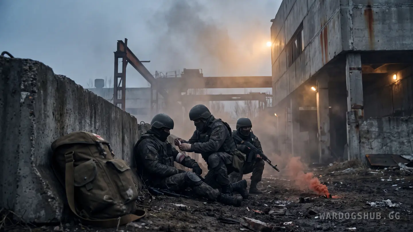 A medical bag behind a low wall with three soldiers crouched around it, one being bandaged.