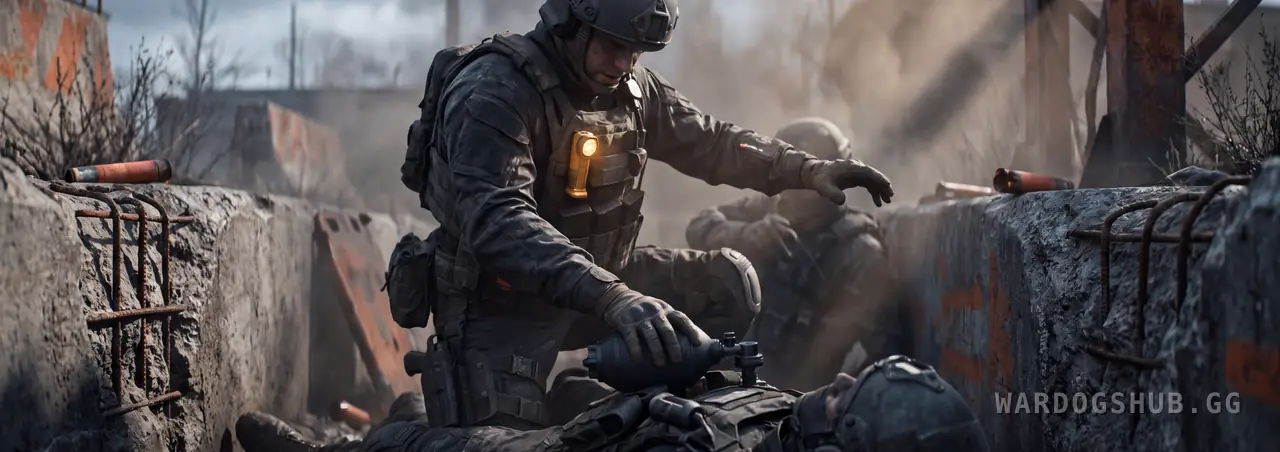A medic kneeling in a concrete trench pressing a manual resuscitator to a downed soldier's chest, a second medic reaching for another casualty behind, spent cases and smoke around them.