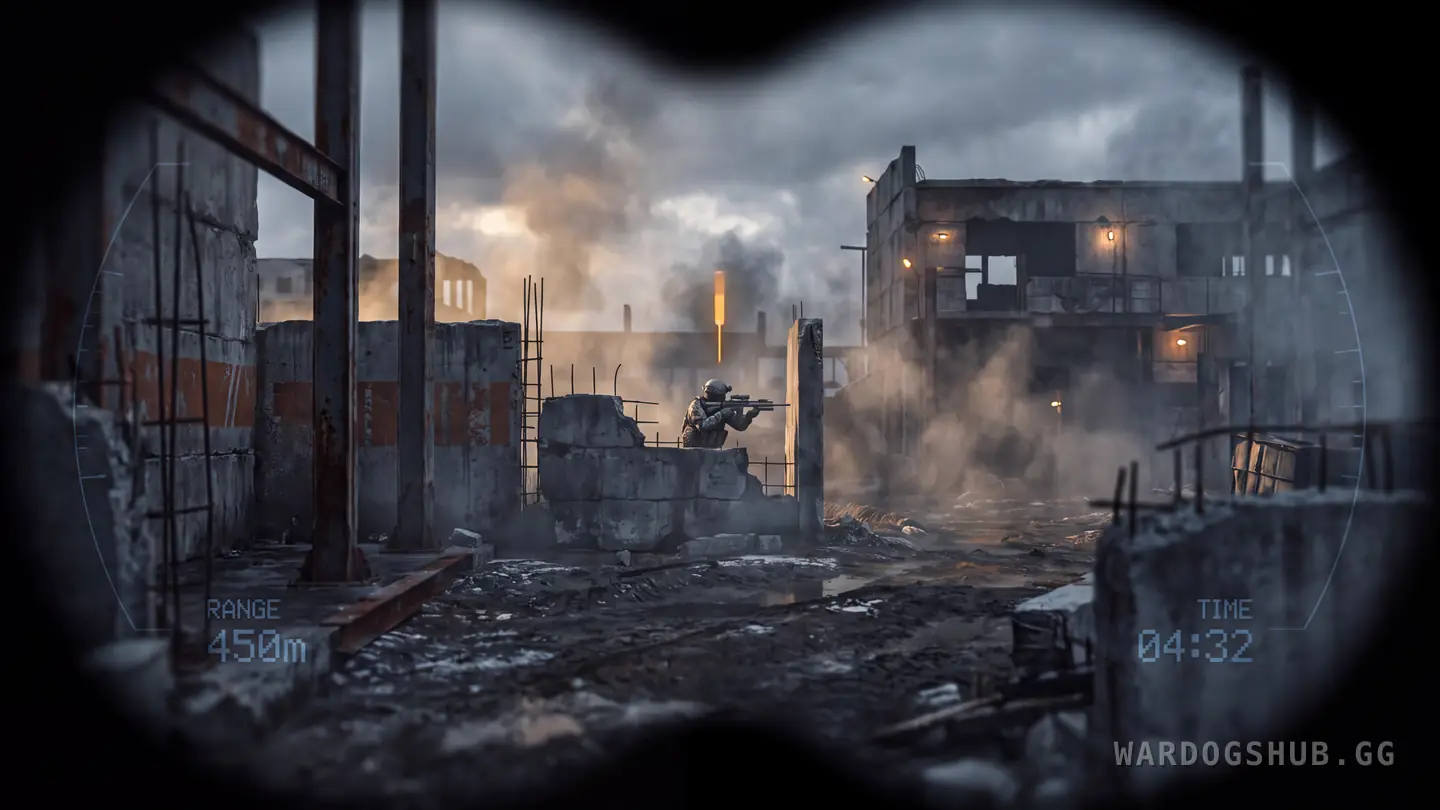 Through binoculars, a distant soldier crouched behind a broken concrete wall in a smoky yard, range and timer readouts at the edges of the view.