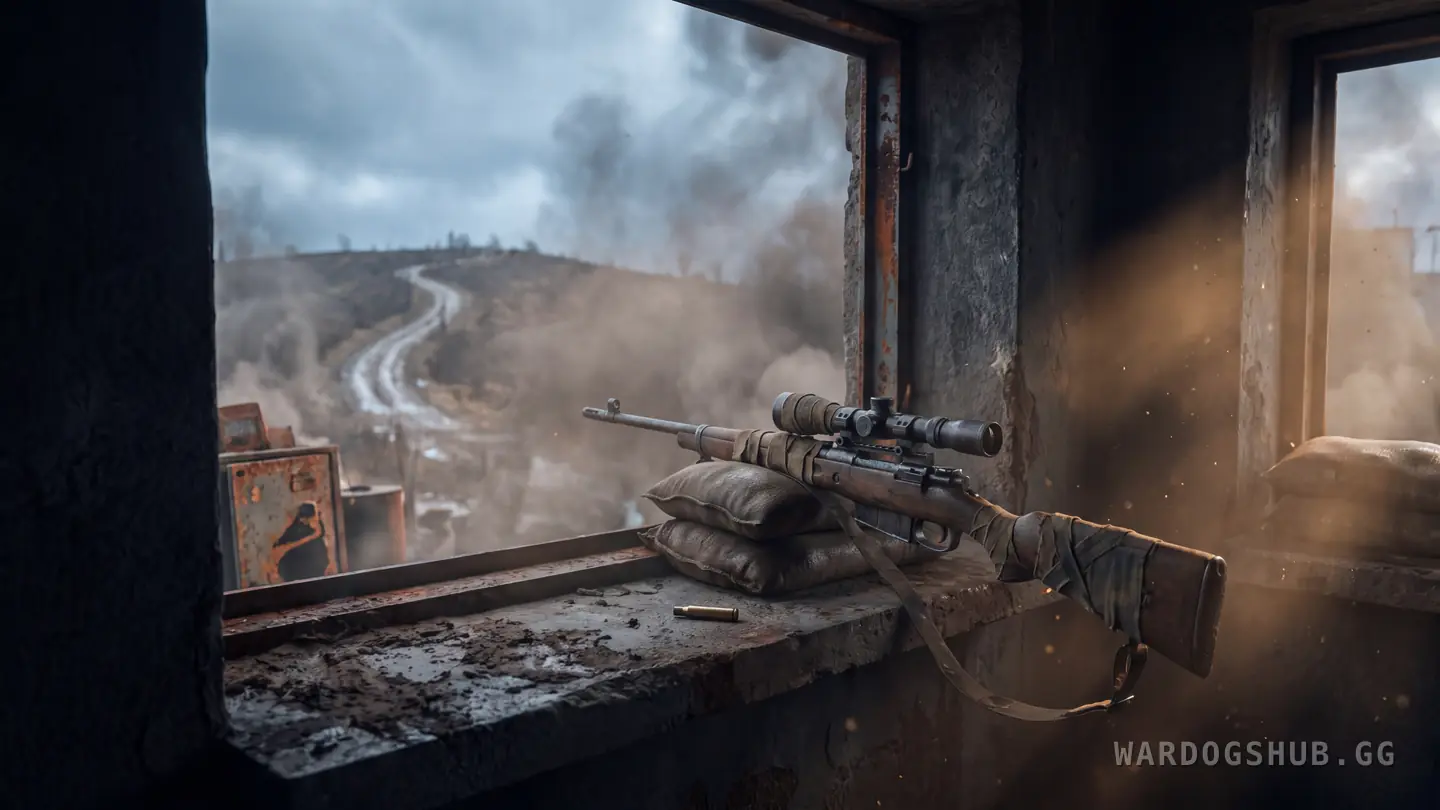 A bolt-action rifle across a sandbag in a tower window, a spent case beside it, a hill road beyond.