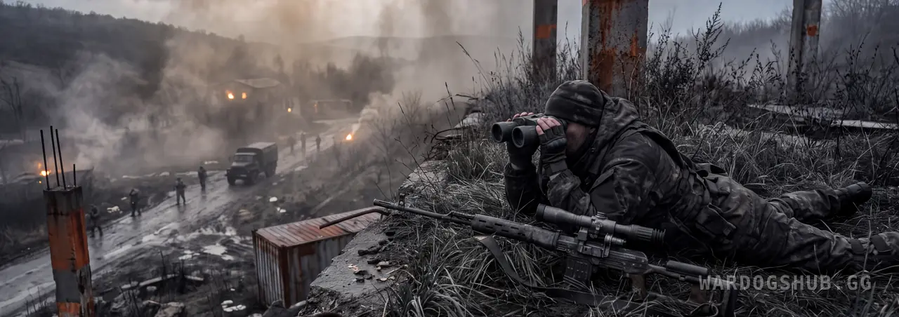 A soldier prone in tall grass on a ruined rooftop looking through binoculars at a smoky valley road below, where a truck and a line of figures move, a scoped rifle lying unused beside him.