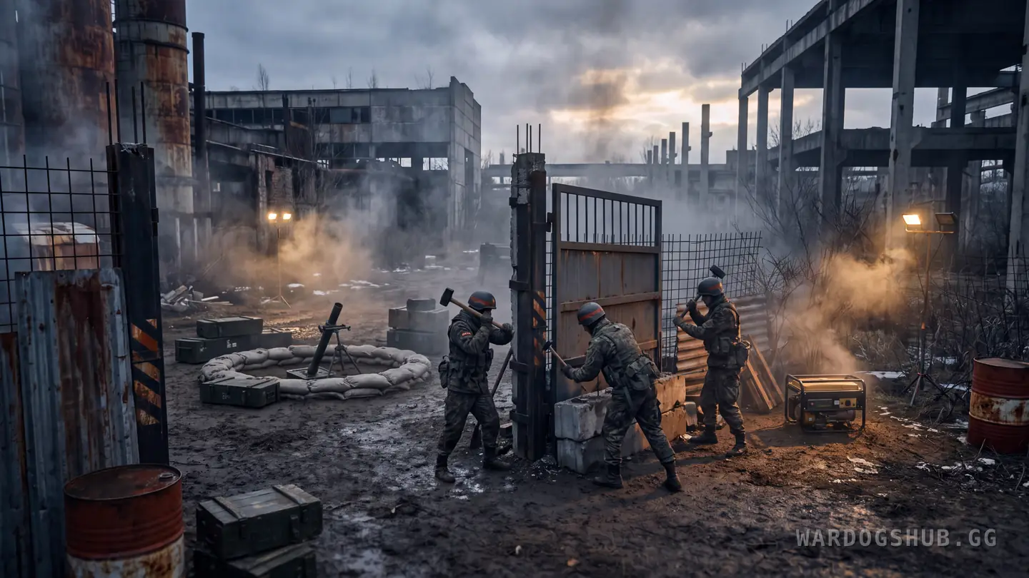 A forward operating base being walled in at dusk, three players with hammers and a mortar outlined behind them.