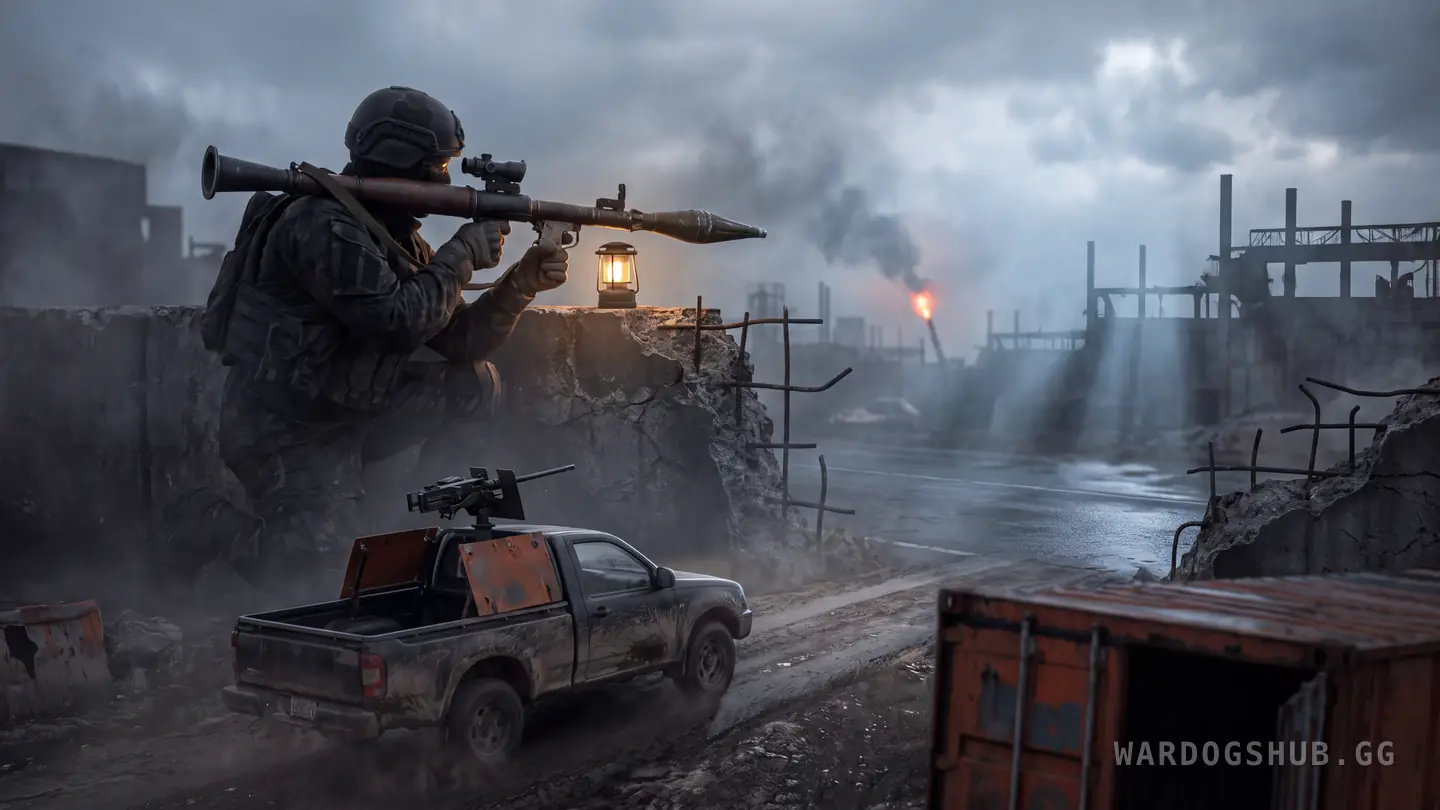 A soldier shouldering an RPG-7 behind a low wall as a pickup with a mounted gun crests the road.