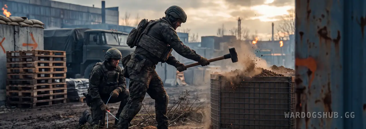 A soldier bringing a sledgehammer down on a wire-mesh Hesco basket full of earth in a muddy yard at sunset, a kneeling teammate tying wire beside him, pallets and a cargo truck behind.
