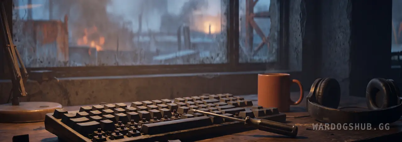 A worn mechanical keyboard on a wooden desk by a window at night, several blank keycaps pulled off and scattered beside it, a screwdriver resting across the keys, a mug and a headset nearby and a burning industrial skyline outside.