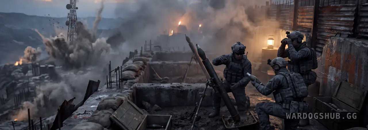 Three soldiers in dark kit working two mortar tubes inside a sandbagged hilltop base at dusk, ammunition crates open beside them, while smoke from impacts rises around a ruined radio tower in the valley below.