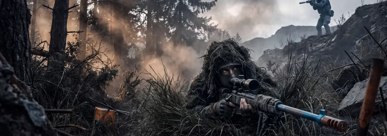 A sniper in a ghillie suit lies in long grass at the edge of a pine forest, looking through a scope, while an enemy rifleman on a rocky ridge behind aims back towards the treeline.