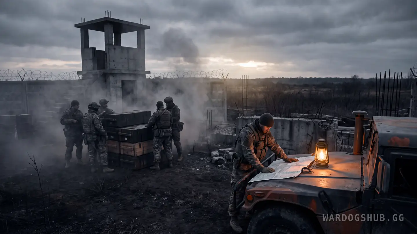 Soldados apilan cajas de suministros junto a una torre de vigilancia sin terminar al atardecer mientras otro estudia un mapa iluminado por un farol sobre el capó de un Humvee.