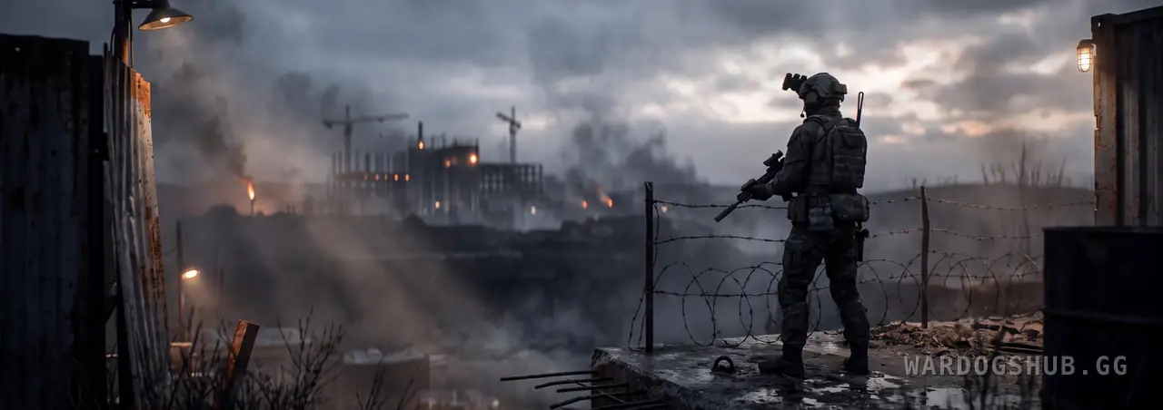 Un soldado junto a una valla de alambre de espino al atardecer, mirando hacia una obra en construcción iluminada a lo lejos, con grúas y una estructura sin terminar sobre un cielo cargado de humo.