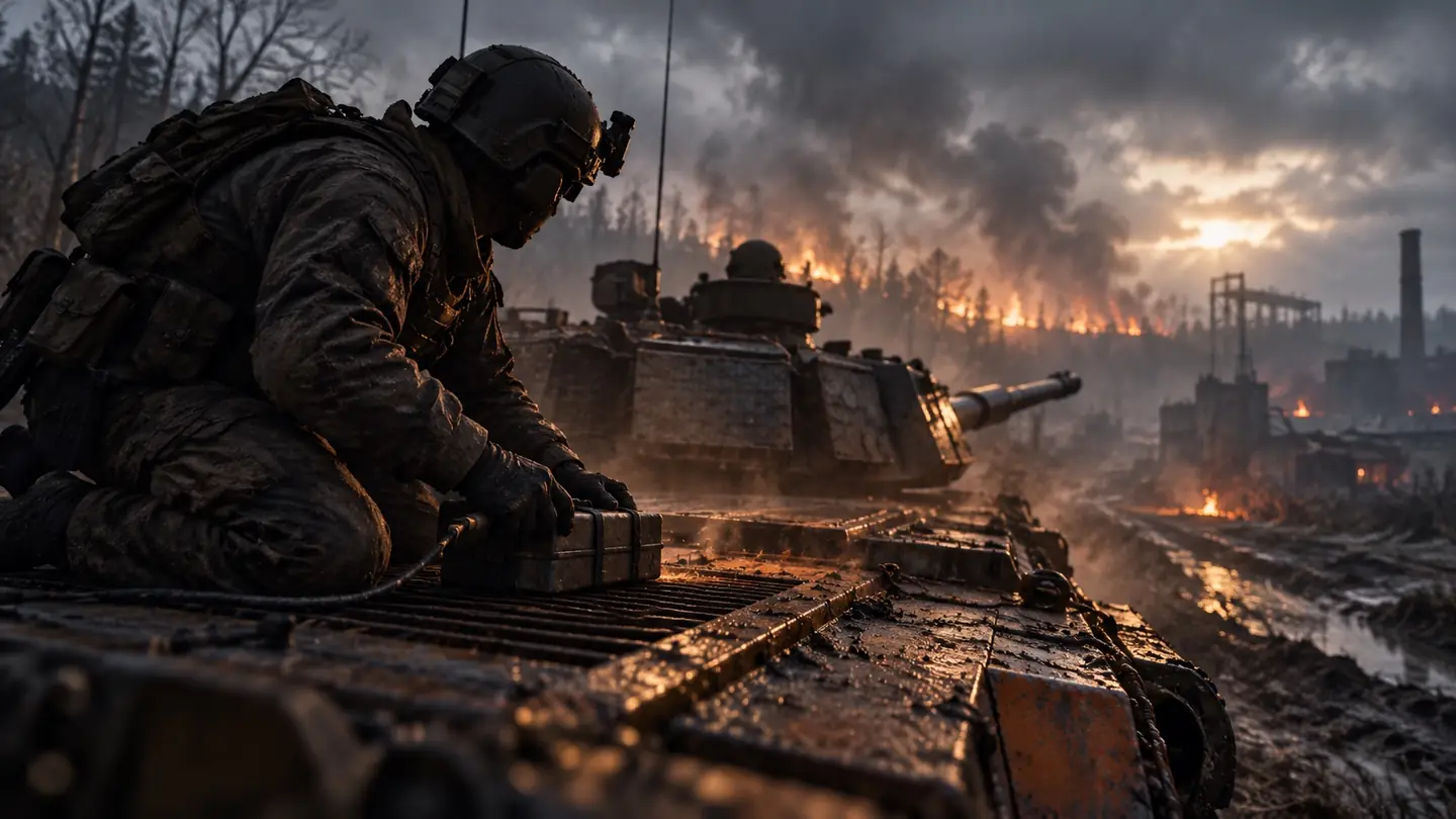 A soldier kneels on the rear engine deck of a tank and presses a charge onto the grille while the gun points away towards a burning treeline.