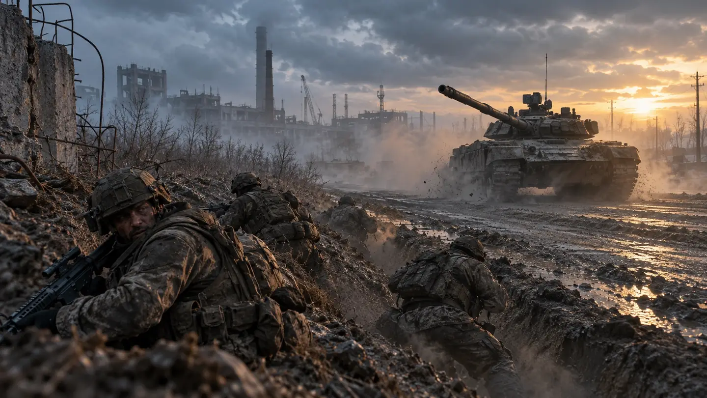 Riflemen crouch in a muddy ditch beside a road as a tank rolls towards them past ruined factories at sunset.