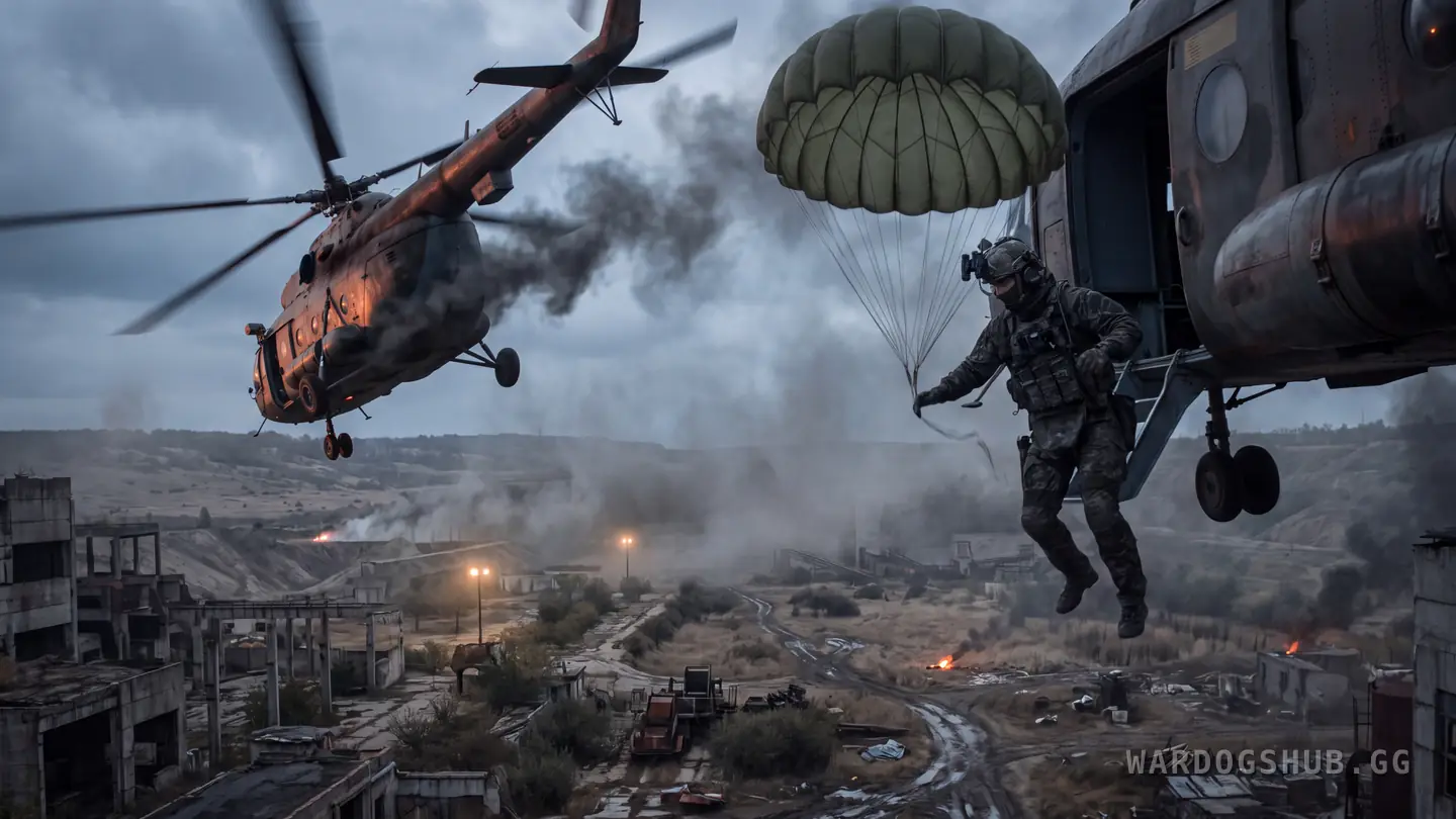 Un soldado saliendo por la puerta abierta de un helicóptero al aire libre con la vela abriéndose sobre él, y un segundo helicóptero echando humo sobre un valle en ruinas al fondo.