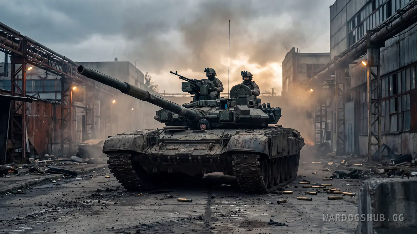 Un tanque en una calle industrial llena de humo con tres tripulantes a bordo: la cabeza del conductor fuera de la escotilla delantera y dos más arriba en la torreta, uno de ellos tras la ametralladora del techo, con casquillos por el suelo alrededor de las cadenas.
