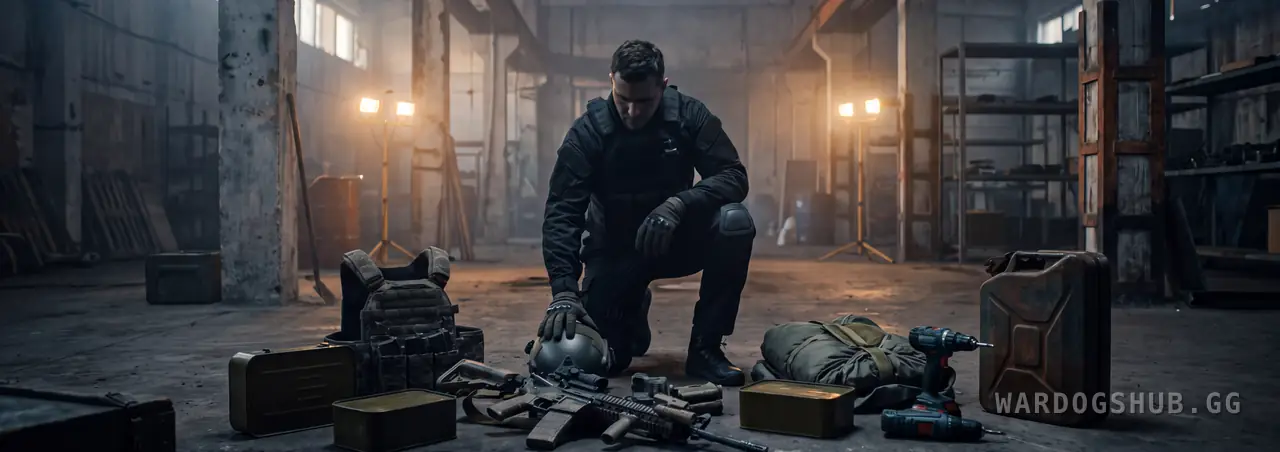 A soldier kneeling on a concrete floor in front of a spread of kit: a rifle, a helmet, a plate carrier, boxes of ammunition and a folded parachute, one hand resting on the helmet as if deciding.