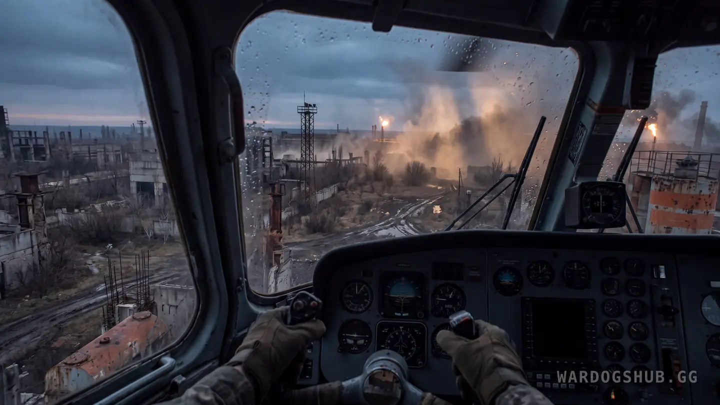The view forward from a helicopter cockpit at dusk, forest and hills stretching away to both edges of the canopy.