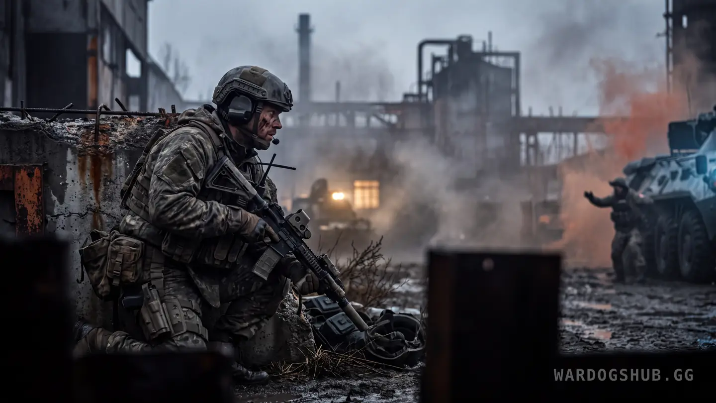 A soldier braced behind cover mid firefight, staring straight ahead, while something at the very edge of the frame goes unwatched.