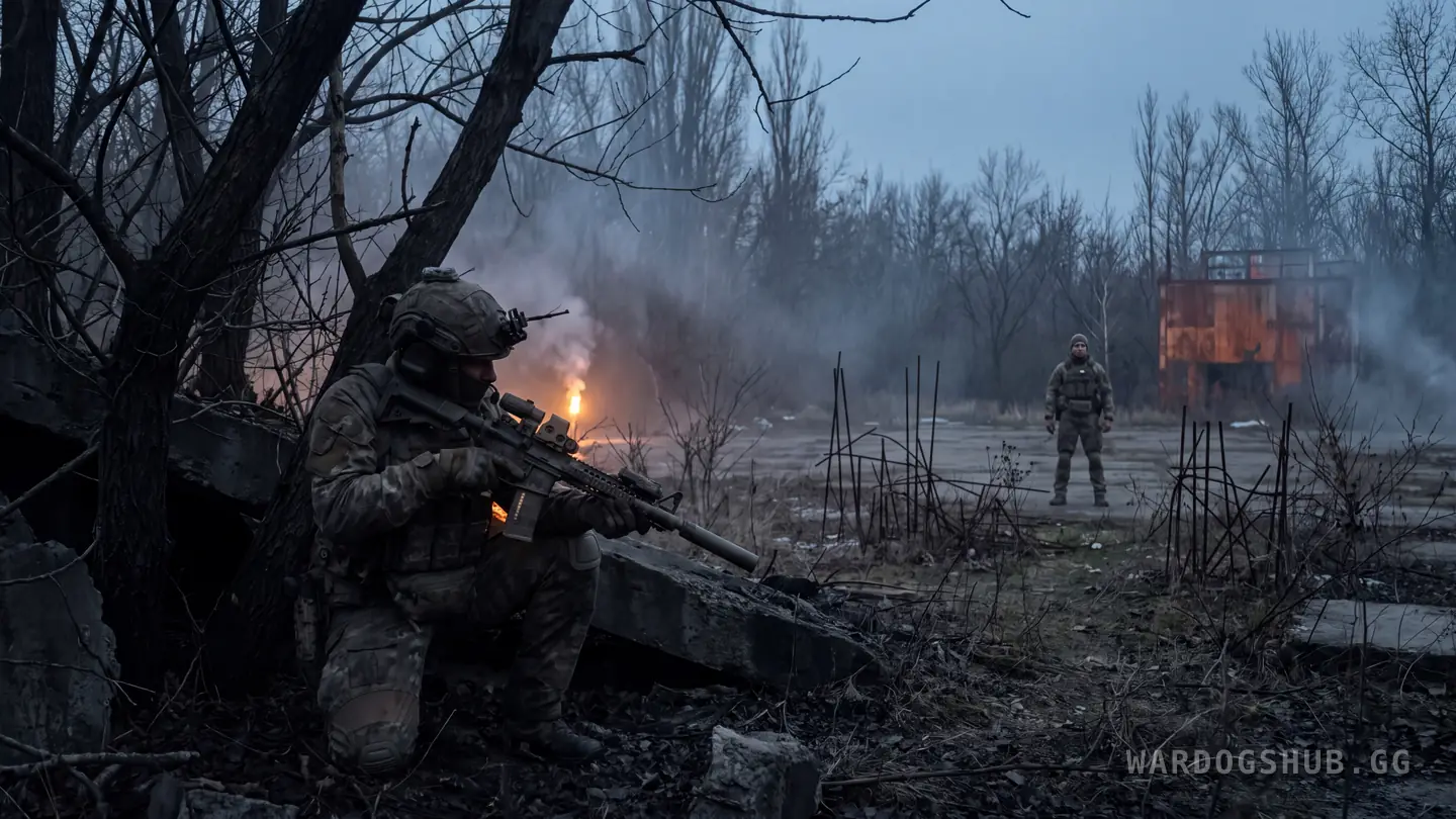 Two soldiers in the same wood at dusk, one hidden in deep shadow beneath the trees, the other standing in flat even light with no shadow to hide in.