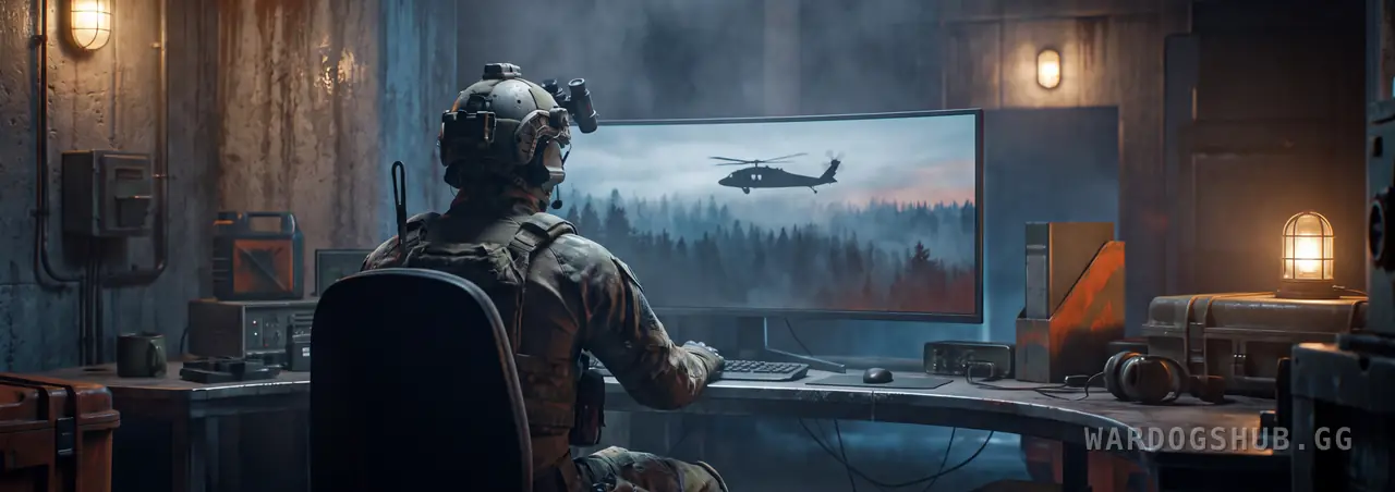 A soldier in full kit at a desk in a concrete bunker, watching a helicopter cross a forest at dusk on a wide curved monitor.