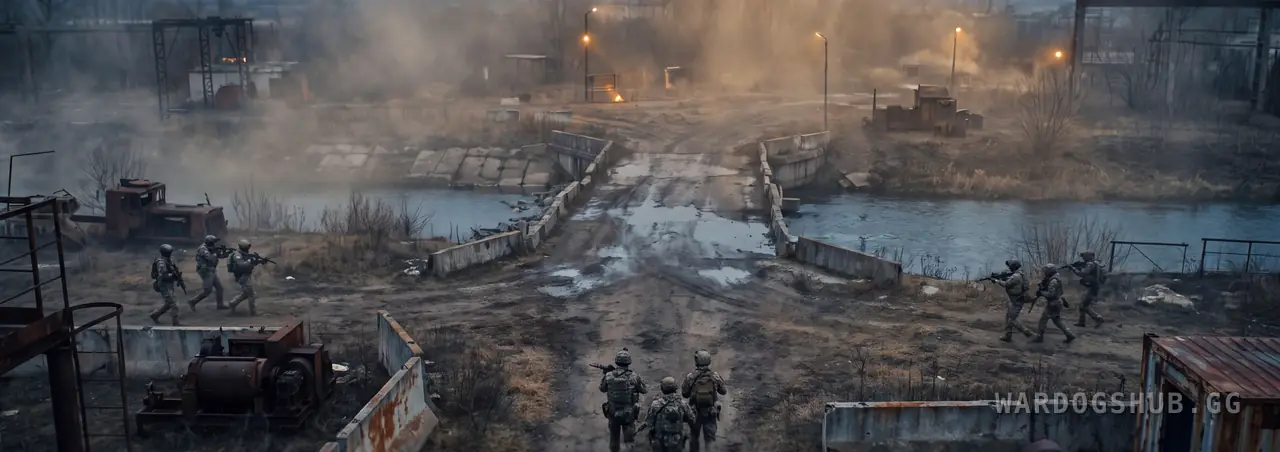 An elevated view of three separate squads approaching the same river crossing from three different directions across open ground.